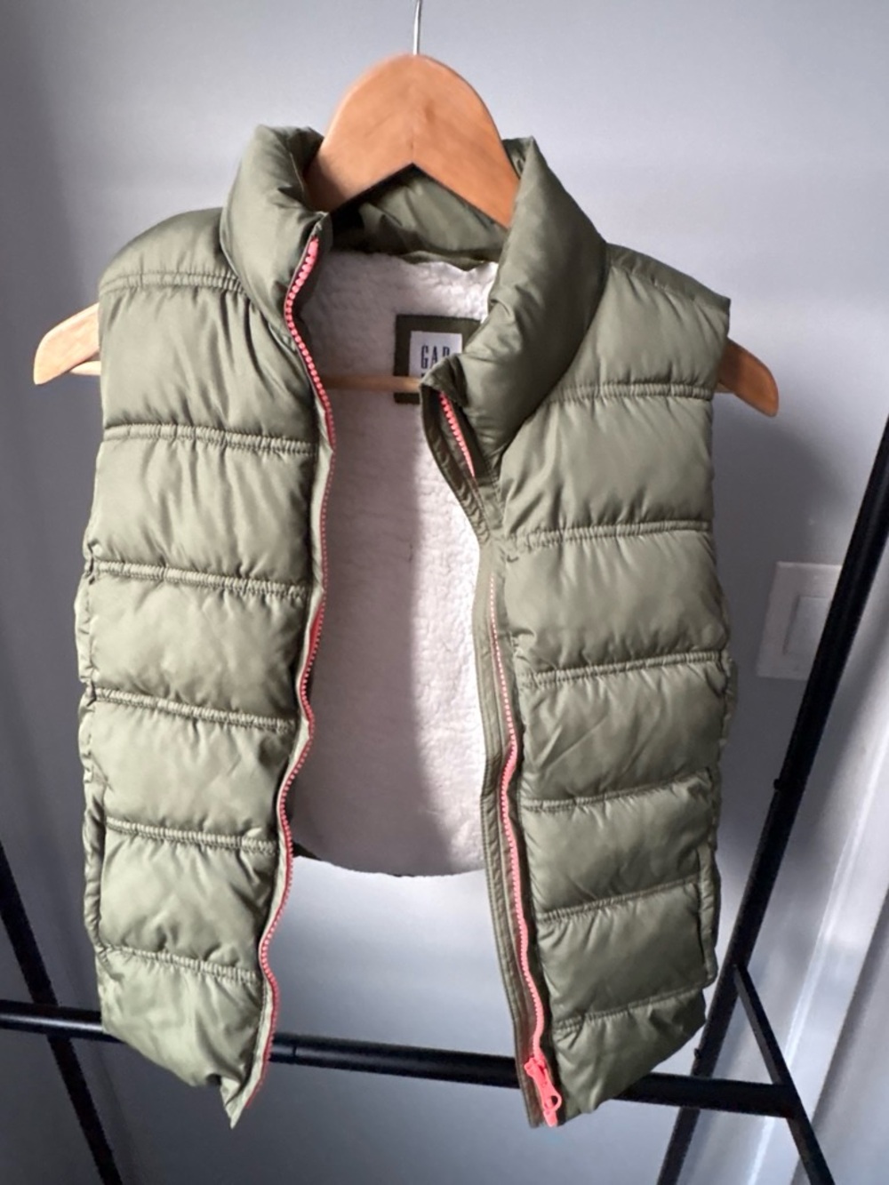 GAP Kids Olive Green Puffer Vest with Cream Sherpa